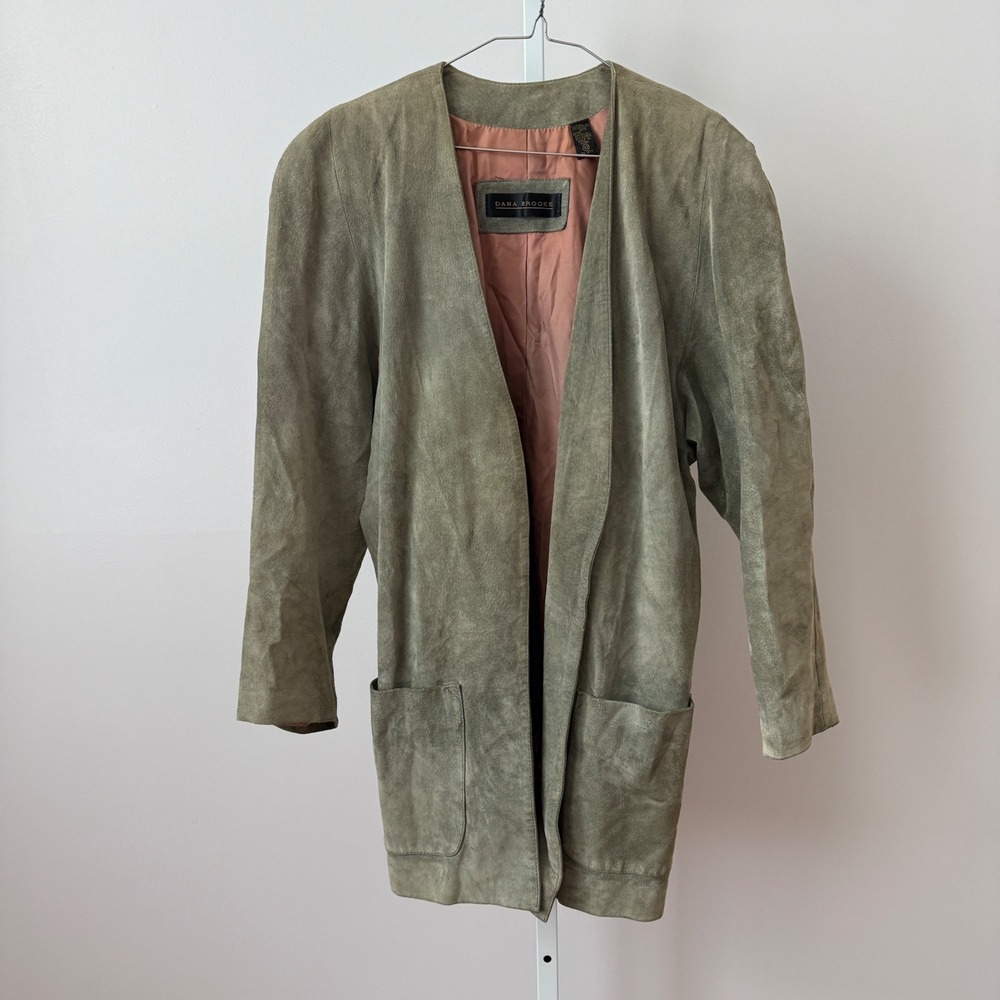 Dana Brooke sz 10 VTG Sage Green 100% Suede Leather Open Jacket‎ Lagenlook 90s
